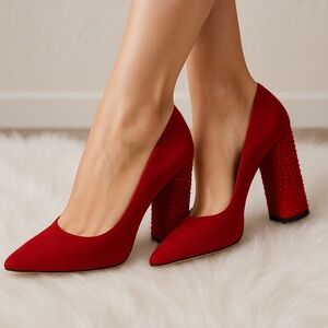 Red pointy heels thick block gems embellished